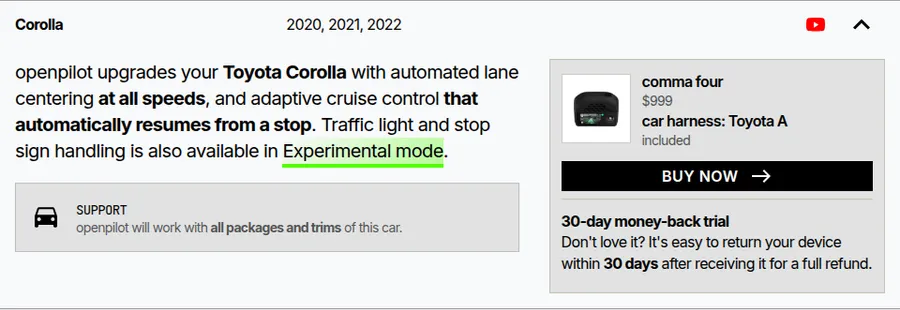 Toyota Corolla card showing support for all packages and trims