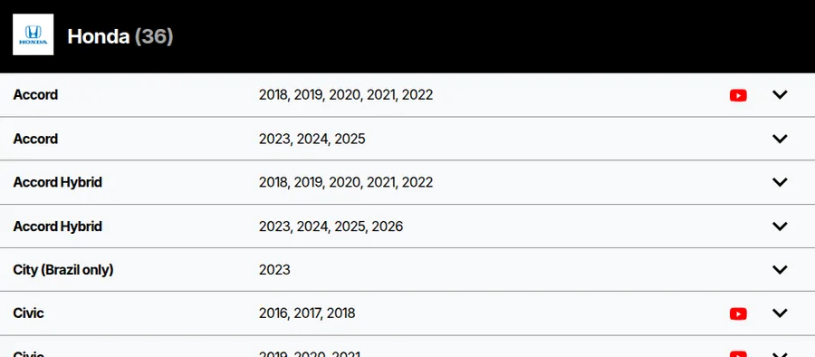 The Honda section of the compatibility list with model names and model years