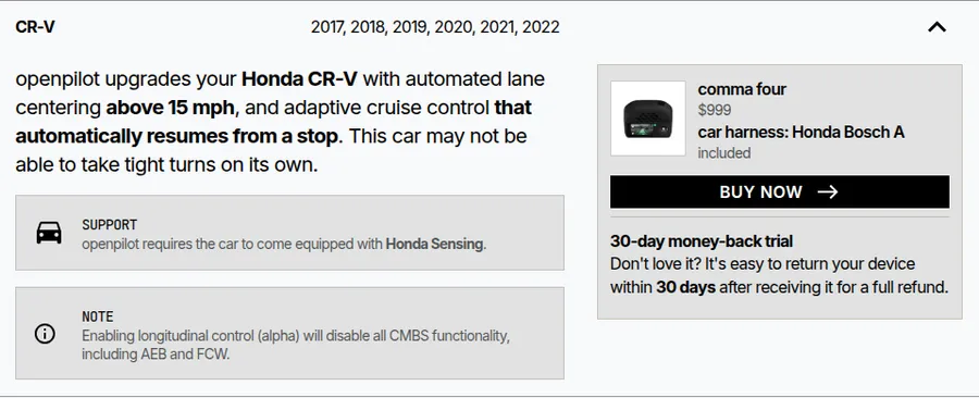 Expanded Honda CR-V card with the Support requirement, Note, harness, and Buy now button